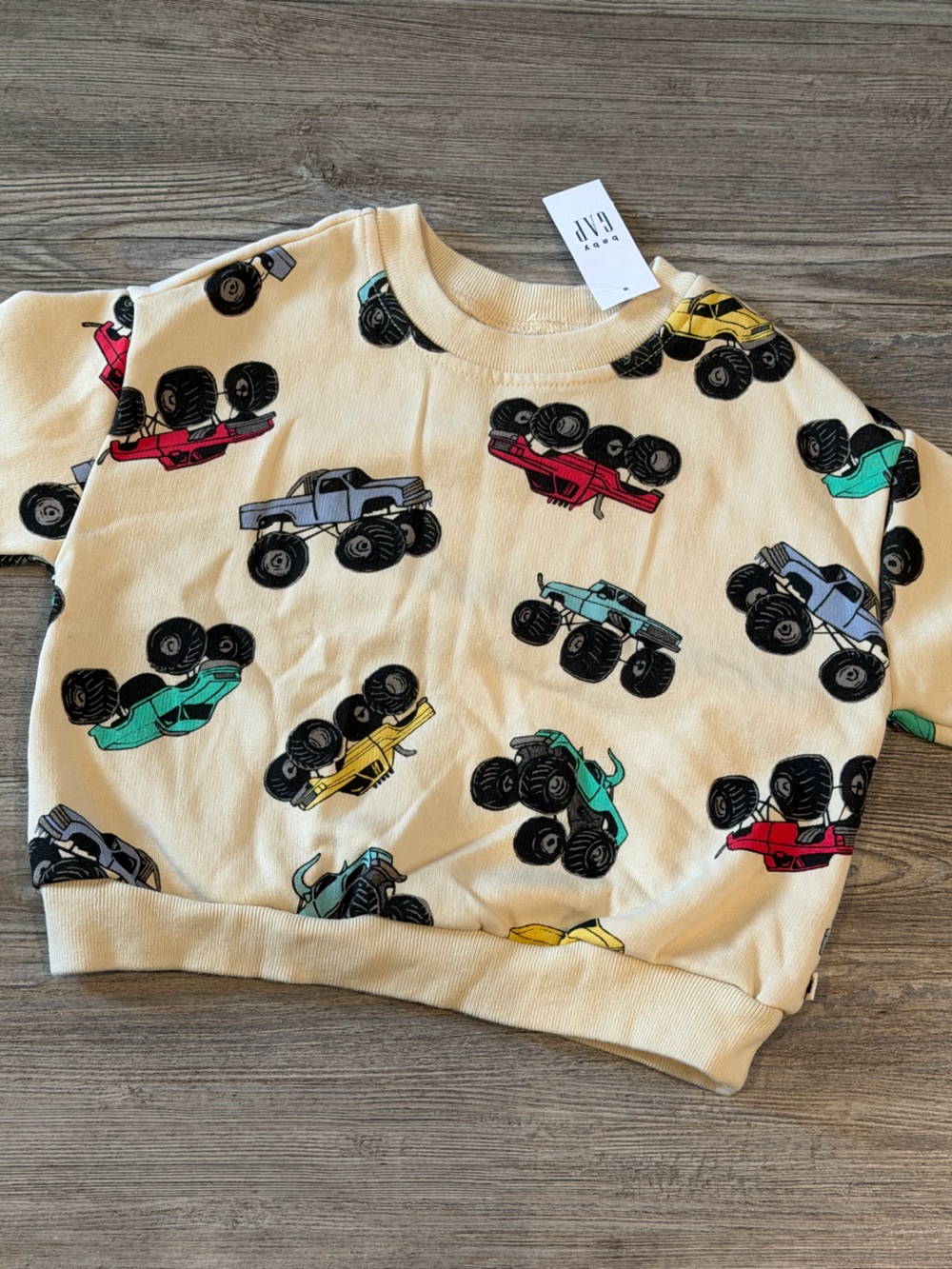 GAP Kids Cream Sweatshirt with Colorful Monster Truck Print